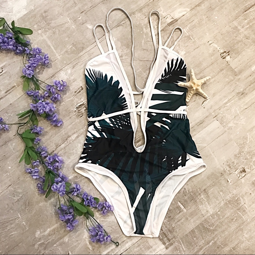 Tropical Monokini Swimsuit Strapy Sexy Deep Plunge - Picture 4 of 6